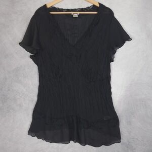 Vintage Y2K Sheer Goth Fairy Blouse Womens 1X Black Lace Flutter Sleeve Crinkle